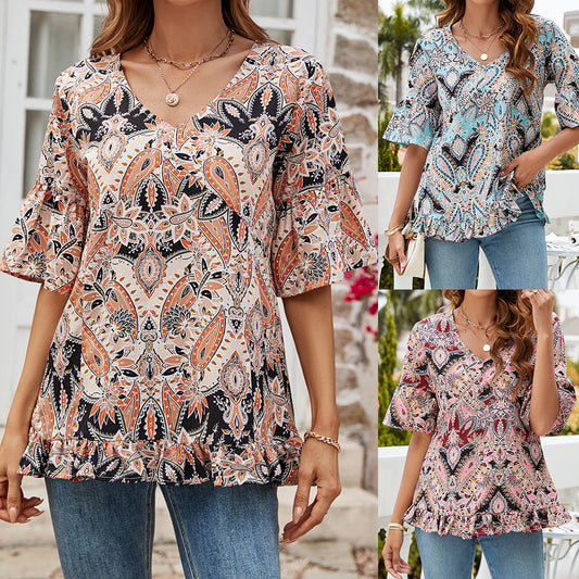 V-neck Printed T-shirt Casual Bell Sleeve Top eb037ccd 43d1 4d0a a451 83599a6da61e