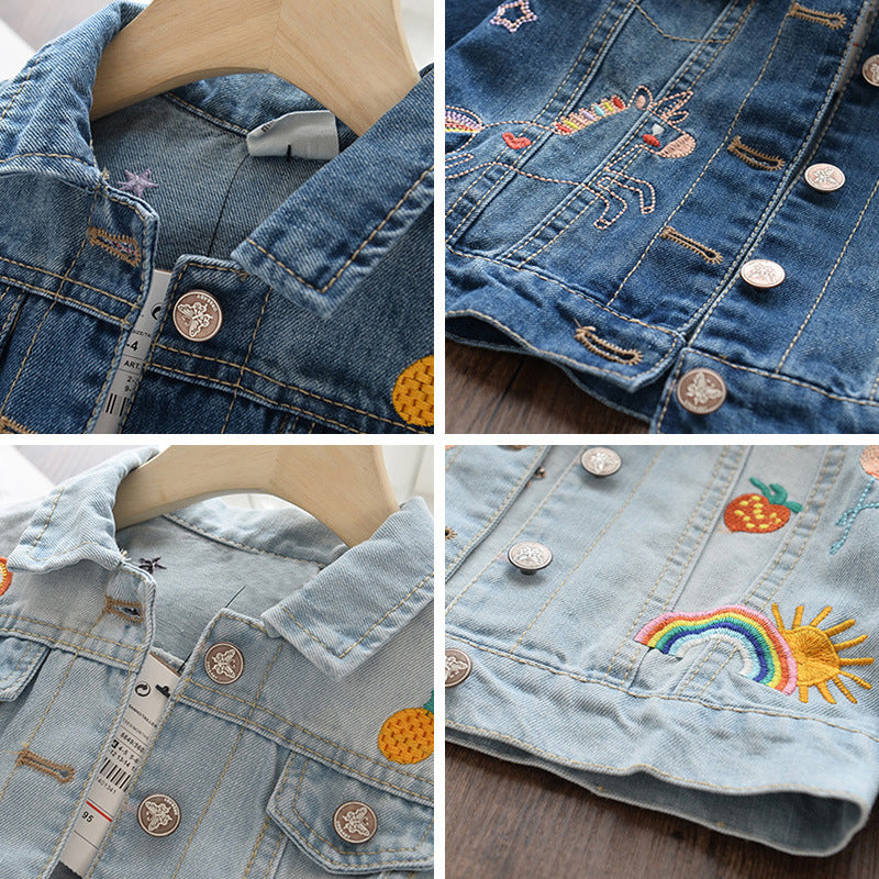 Children's Graffiti Embroidered Lapel Short Denim Jacket eb58fe22 c71b 4246 a402 d3f6a7796a1d