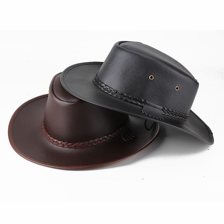 Solid Colour Leather Cord Large Brimmed Sun Visor Cowboy Hat ec50b8f1 fe86 4c49 beef cea365113b1e