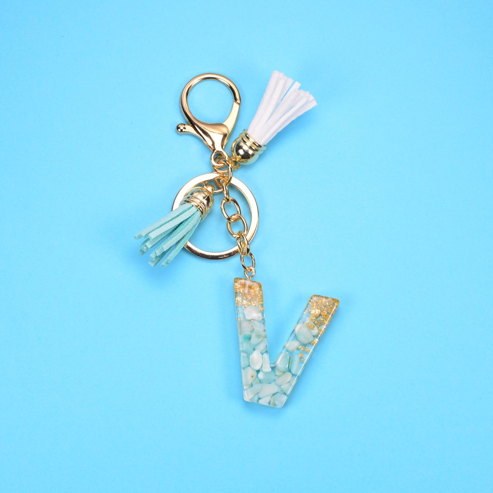 English Alphabet Keychain Tassel Pendant Stone Gold Foil Resin Key ecb47475 b4a5 4001 a3eb b5c22b813b40