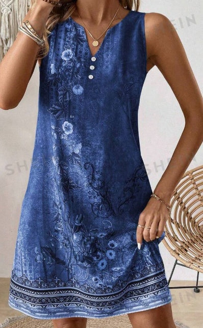 Women's Summer Holiday Floral Print Sleeveless V-Neck Loose Dress With Slit ed27de7d 4a3a 43d2 8397 70a408db4f39