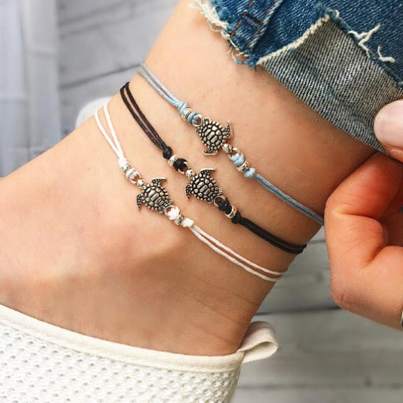 European And American Hemp Rope Multi-layer Turtle Anklet Hand-woven Antique Silver Turtle Beach Anklet Bracelet eec4a3e3 1c3