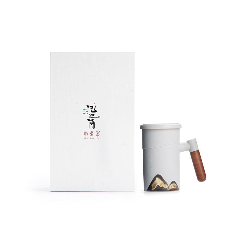 Factory Creative Yuanshan Hand-painted Mug Wooden Handle Ceramic Tea Cup With Lid Filter Three-piece Office Home f259d3ab d9a