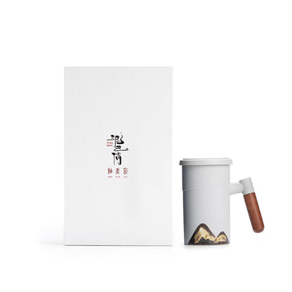 Factory Creative Yuanshan Hand-painted Mug Wooden Handle Ceramic Tea Cup With Lid Filter Three-piece Office Home f259d3ab d9a