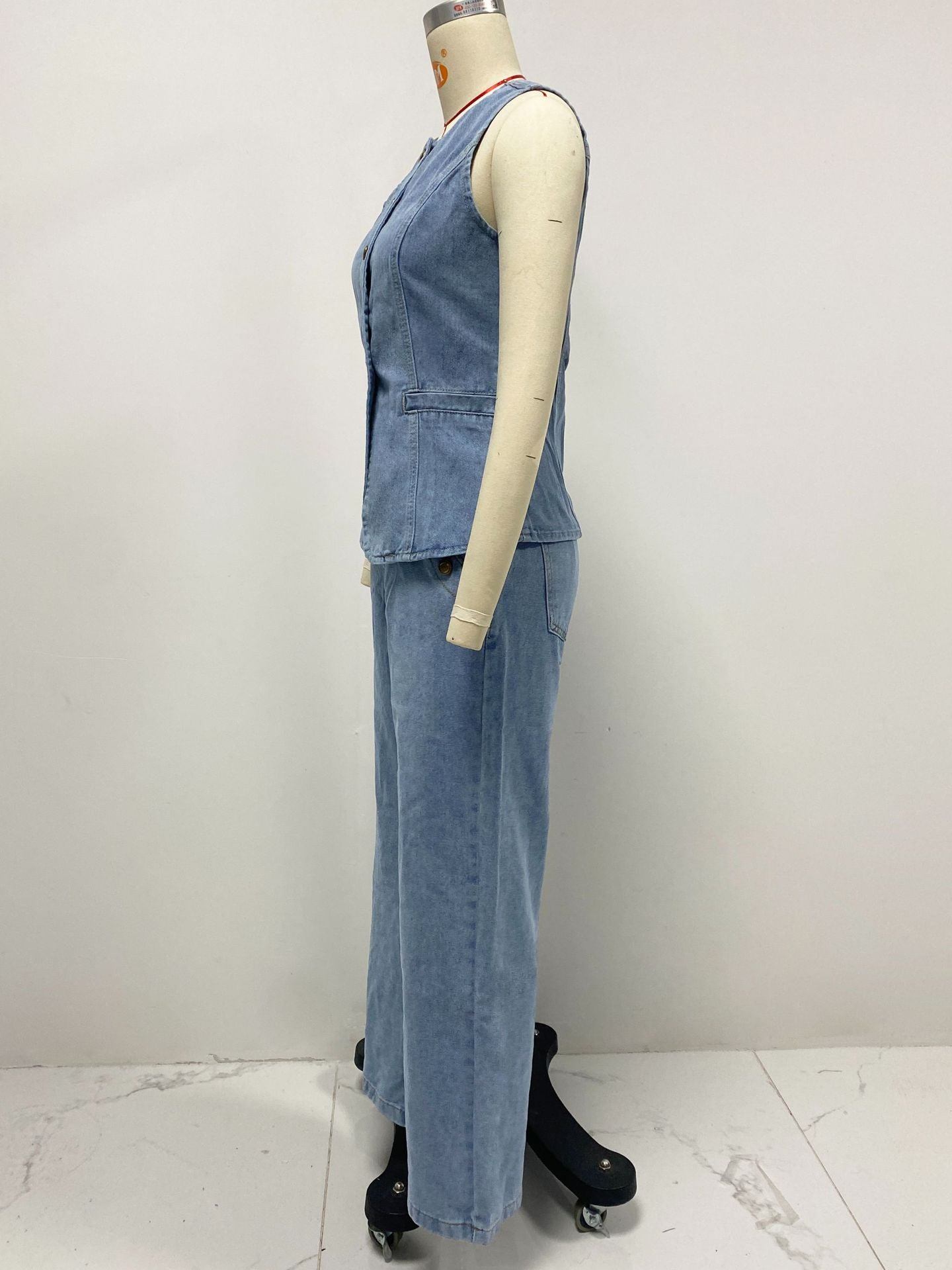 Fashion Sleeveless Denim Suit Wide Leg Pants