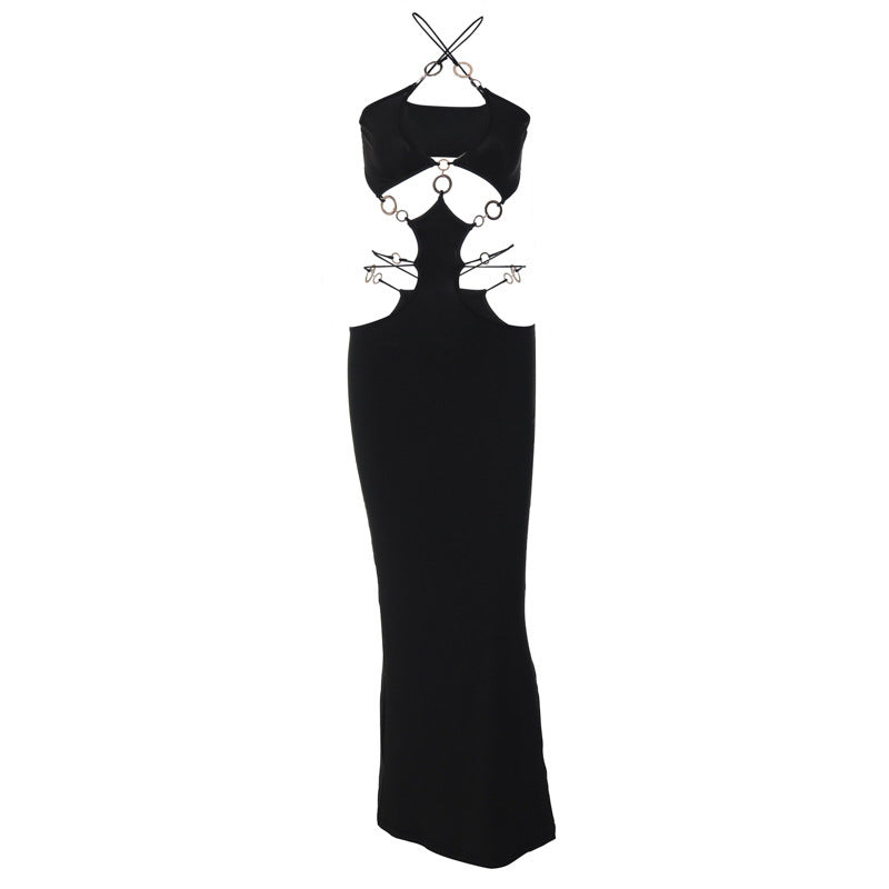 Women's New Sexy Low-cut Circle Splicing Hanging Neck Halter Backless Slit Dress f396862d b412 4077 8b75 9d6fd7e59da1