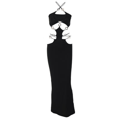 Women's New Sexy Low-cut Circle Splicing Hanging Neck Halter Backless Slit Dress f396862d b412 4077 8b75 9d6fd7e59da1