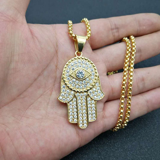 European And American Titanium Steel Gold Plated Diamond Hand Of Fatima Pendant Necklace f3aa9da4 57d2 437a af8f 4949be735cd6