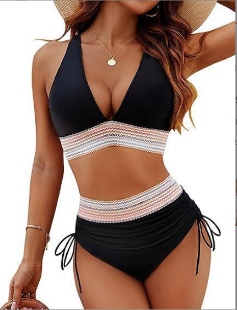 High Waisted Bikini Set With Color Blocking Drawstring Swimsuit f4c9a260 5ca8 406d 8ec6 a12e92100b8b