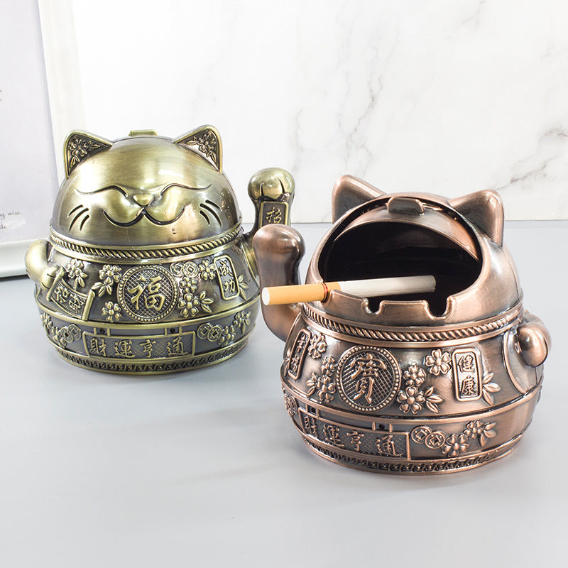 Lucky Cat Ashtray Creativity Personality Trendy Home Living Room With Cover Anti-fly Ash Uxury High-end Simple Ashtray - 图片 3