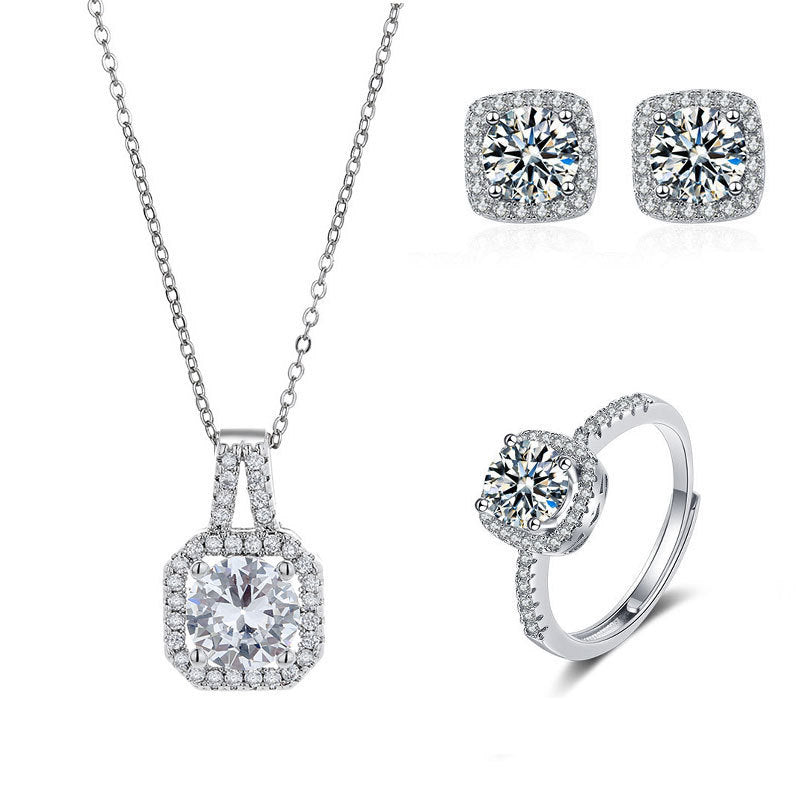 High-grade Ring Necklace Ear Stud Ornament Colored Gems Set Three-piece Set