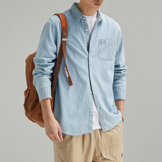 Men's Long Sleeve Solid Color Casual Thin Lapels Denim Shirt f7428839 e618 4df6 8123 52322372fe0b