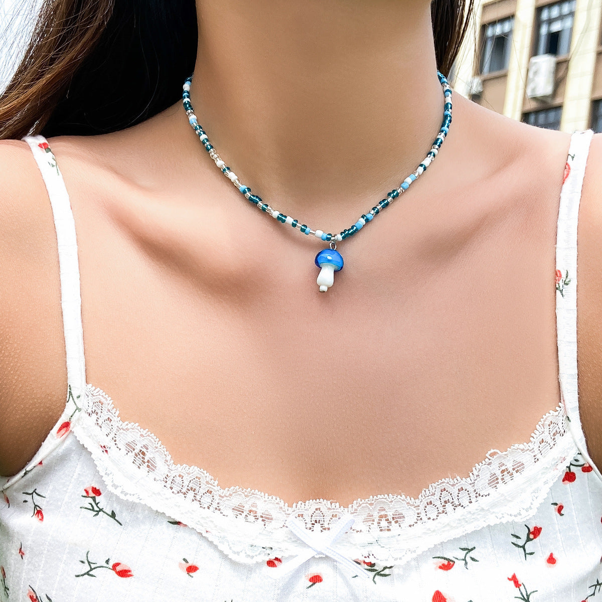 Cute Contrast Color Bead Vacation Style Necklace Summer Colorful Beaded Mushroom Necklace For Women f75a91b3 b775 4de1 a494 a