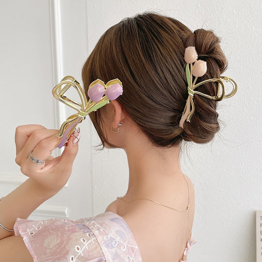Oil Dripping Tulip Metal Grip Back Head Elegant Barrettes f77ce568 2f20 4d61 9942 bc22a7e45711