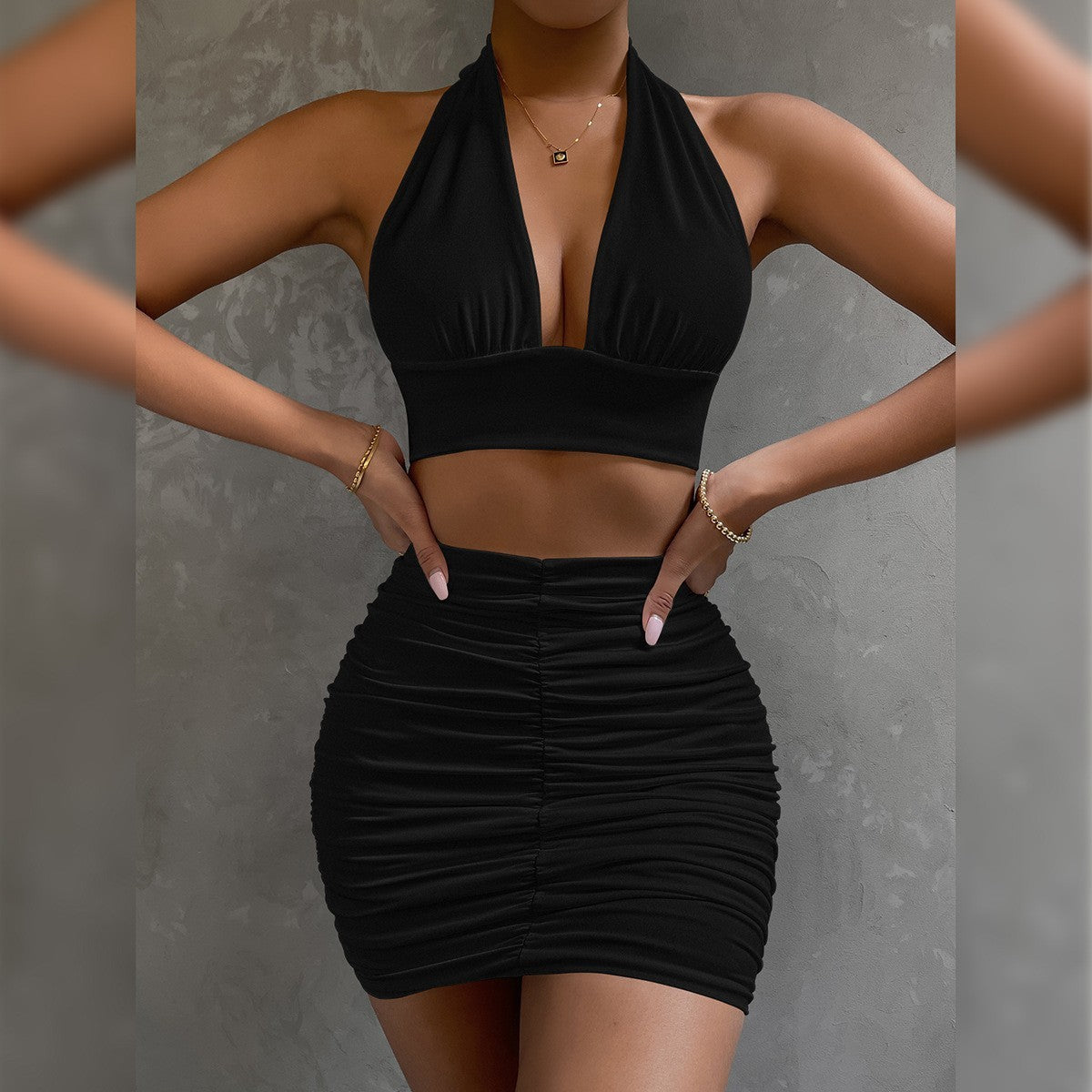 2pcs Dress Suits For Women Halter Lace-up Hip Top And Pleated Hip-covering Skirt - HD Wireless Product #7