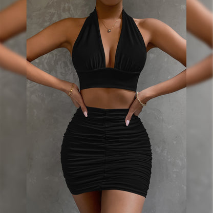 2pcs Dress Suits For Women Halter Lace-up Hip Top And Pleated Hip-covering Skirt - HD Wireless Product #7