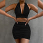2pcs Dress Suits For Women Halter Lace-up Hip Top And Pleated Hip-covering Skirt - HD Wireless Product #7