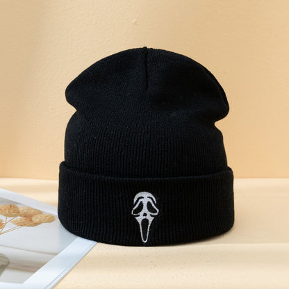 Halloween Dark Embroidered Ghost Face Skeleton Head Fashion Autumn And Winter Warm Fashion Men's And Women's Knitted Hat f9b0