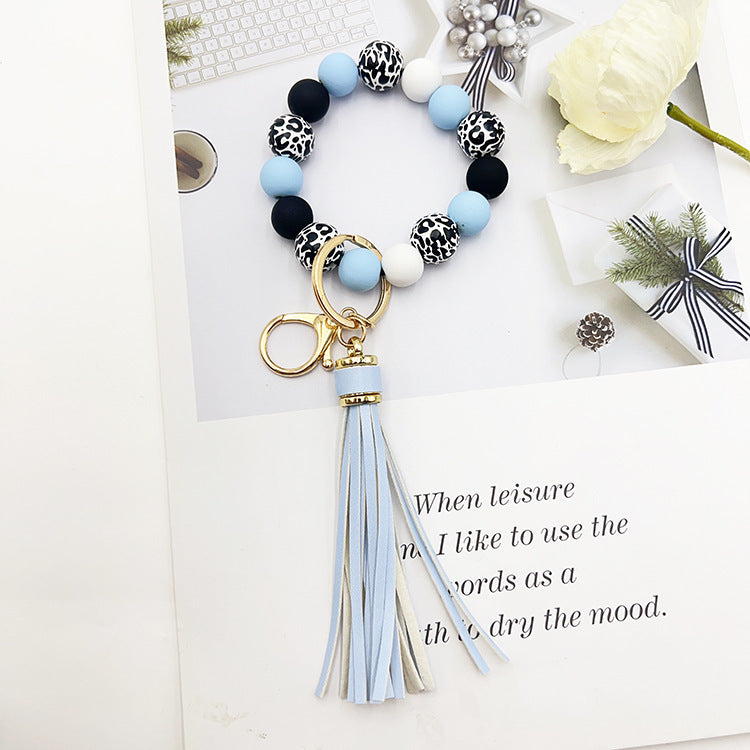 Black Leopard Print White Background Wooden Bead Keychain fa1544ed c609 4cae a143 0c33d01cf997