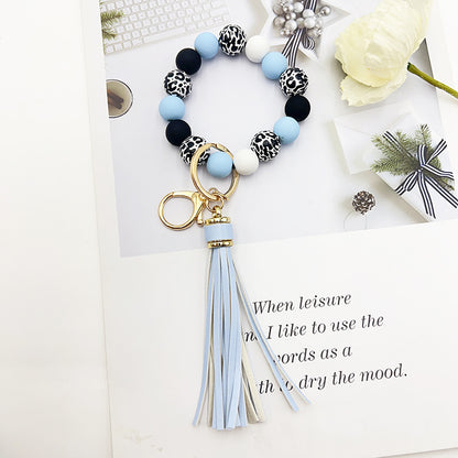 Black Leopard Print White Background Wooden Bead Keychain fa1544ed c609 4cae a143 0c33d01cf997