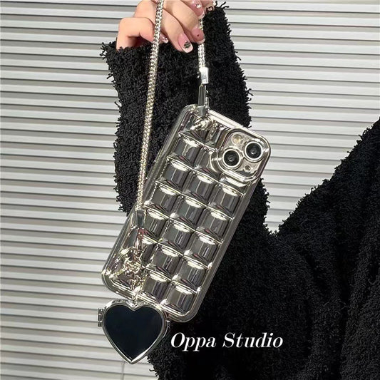 Electroplating Silver Heart Shape Mirror Chain Phone Case fa194eac 07d6 4bae 906c 1f44aeac8d23