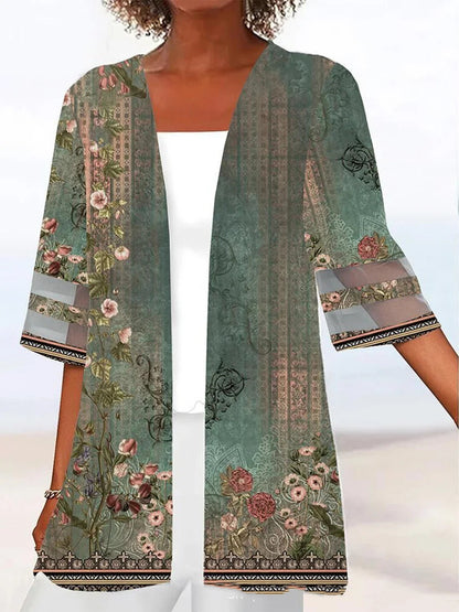 Floral Print Mid Length Sleeves Loose Small Coat fa566907 5ca1 459a b228 f66a7456ba00