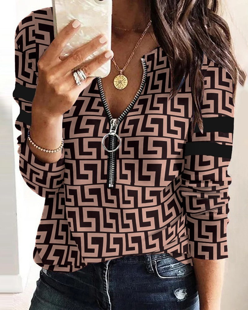 Fashion Printed Long-sleeve Zipper New Casual Women's Top fbc23350 d7bd 4c9e 804d 6f9097881ad5