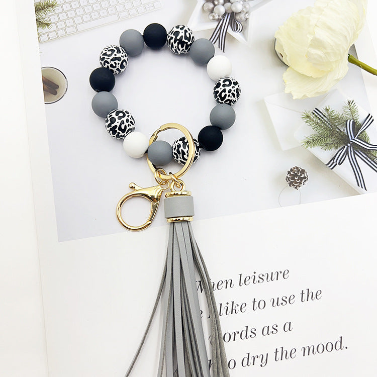Black Leopard Print White Background Wooden Bead Keychain fc4b8249 a645 4ac4 b071 26f0077a6eef