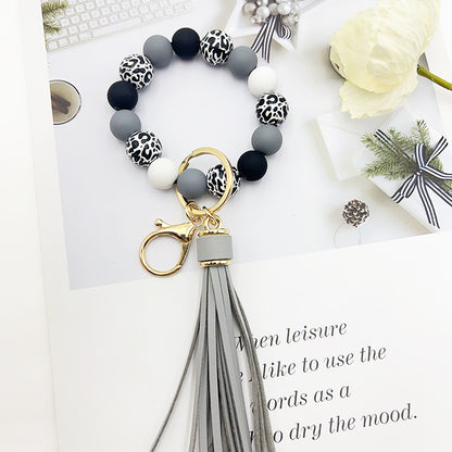 Black Leopard Print White Background Wooden Bead Keychain fc4b8249 a645 4ac4 b071 26f0077a6eef