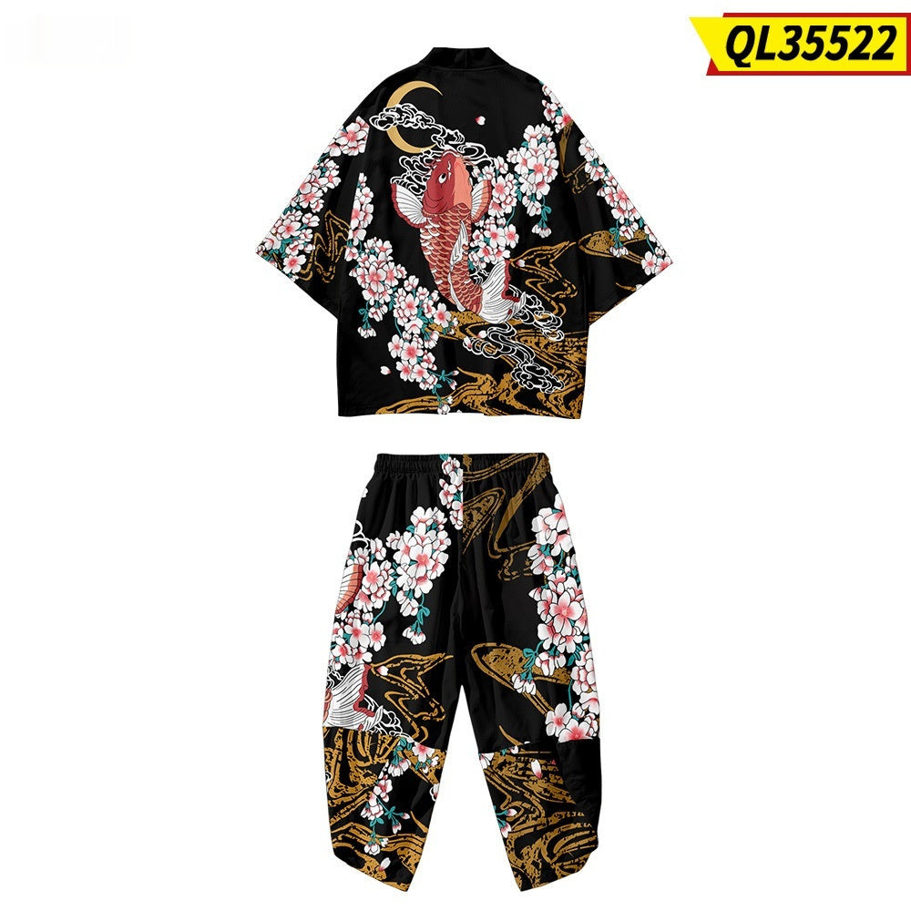 Koi Digital Printing Japanese Harajuku Kimono Robe Cloak Cropped Pants Set fcf00c66 4e21 4773 9084 f51392b7dba5 fine
