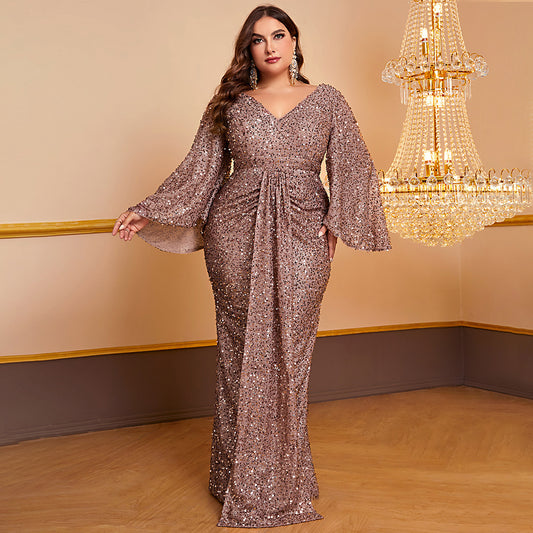 Women's Sequin Long Sleeved V-neck Pleated Dress fd028b8b 4479 4750 bcd9 753ea9b04a4e