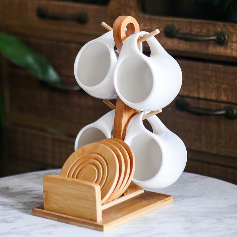 Six-piece Simple Ceramic Cup Set 200ml Tea Cup Coffee Cup Three-dimensional Bamboo and Wooden Bracket Striped Non-slip Coaste