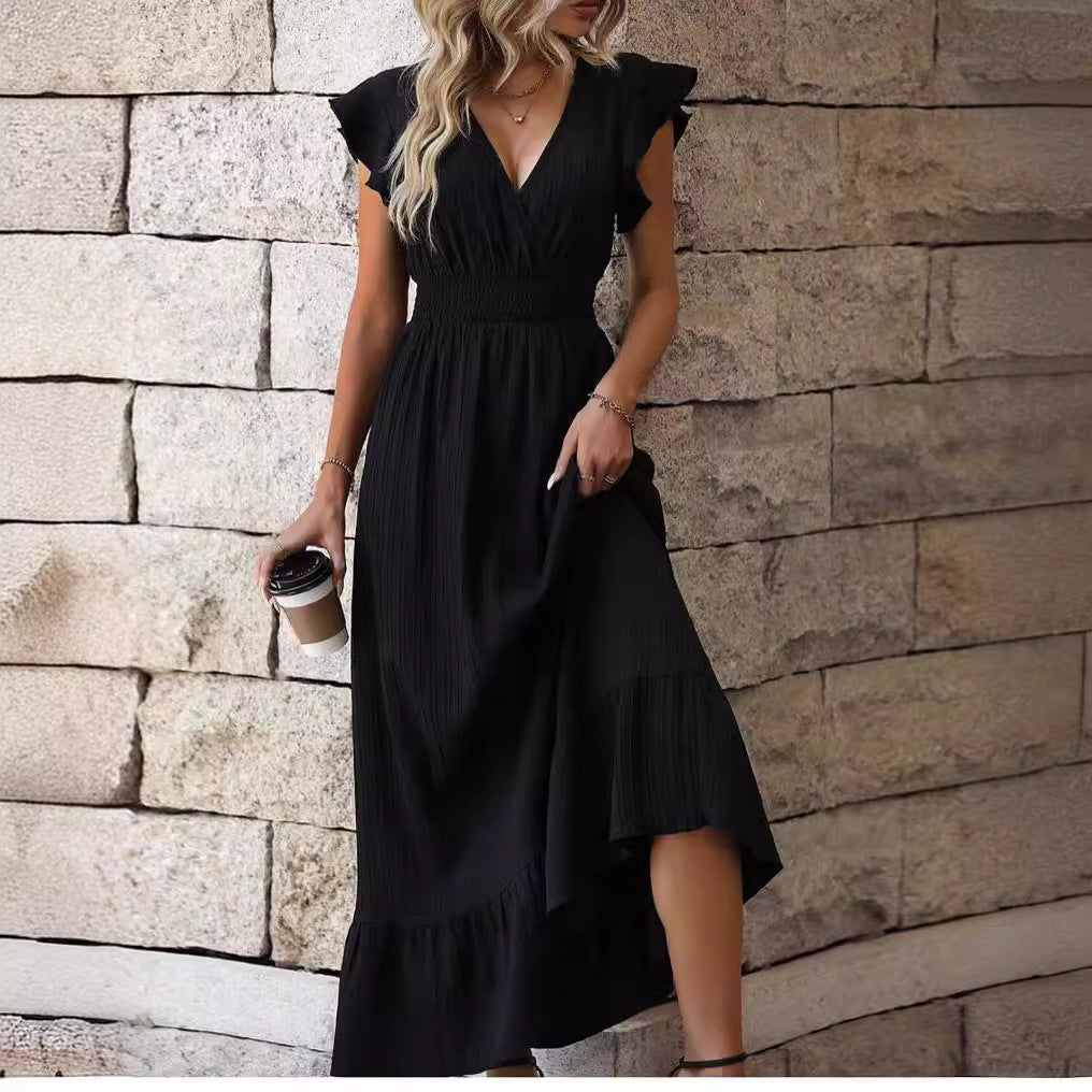 V-neck Ruffled Sleeve Solid Color Dress Leisure Vacation A- Line Skirt fd976f4b bf0f 4f97 9226 7f8ef283ebfb