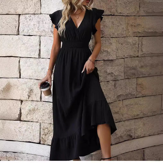 V-neck Ruffled Sleeve Solid Color Dress Leisure Vacation A- Line Skirt fd976f4b bf0f 4f97 9226 7f8ef283ebfb