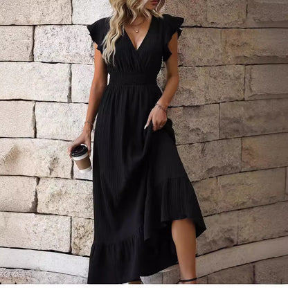 V-neck Ruffled Sleeve Solid Color Dress Leisure Vacation A- Line Skirt fd976f4b bf0f 4f97 9226 7f8ef283ebfb 10608273 a6bb 4c2