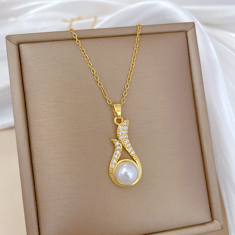 Necklace And Earrings Suite Light Luxury Full Diamond Pearl