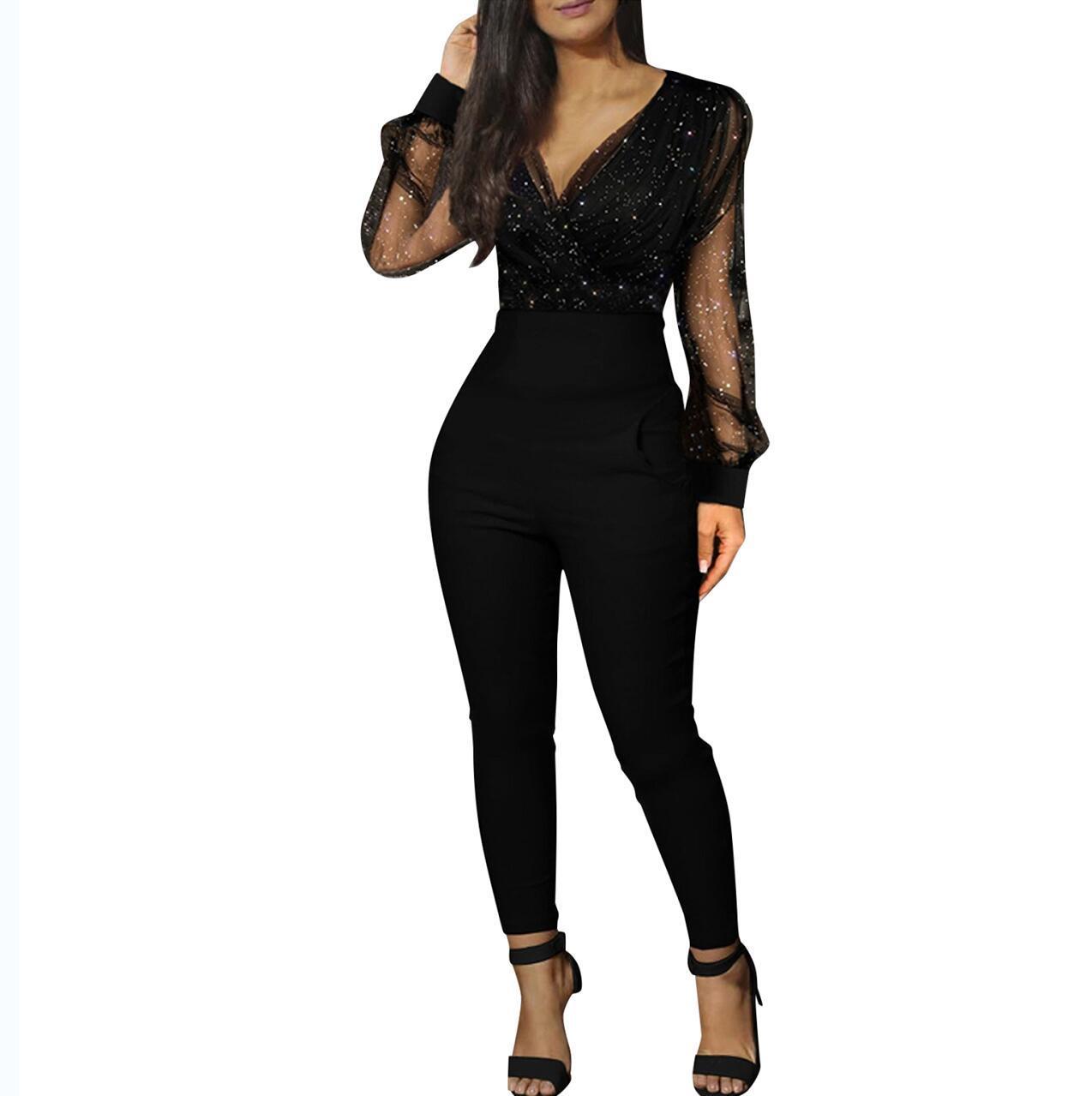 European And American Ladies Fashion V-neck Sequins Mesh Long Sleeve Jumpsuit fe13797a 5817 47b5 a7fb 784c228f949a