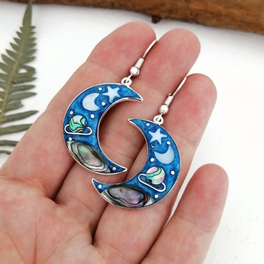 Female Retro Crescent Blue Sky Planet Earrings fe93bc0e 7125 4153 b6bc e358e9cab549