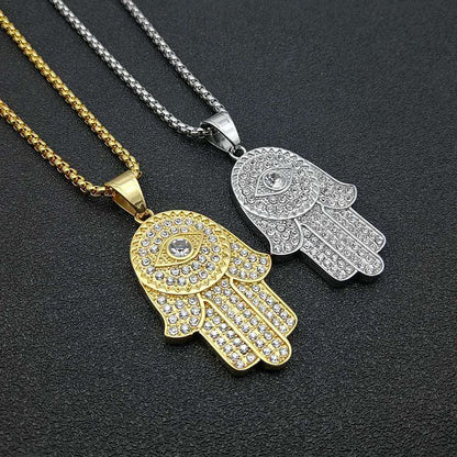 European And American Titanium Steel Gold Plated Diamond Hand Of Fatima Pendant Necklace fe994a80 8388 4cd6 a0e7 8d6afdbfe083
